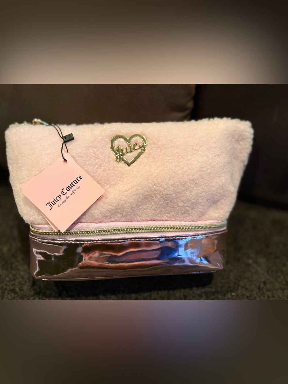 NWT Juicy Couture Pink Sherpa Roomy Cosmetic Bag w/Gold Accent